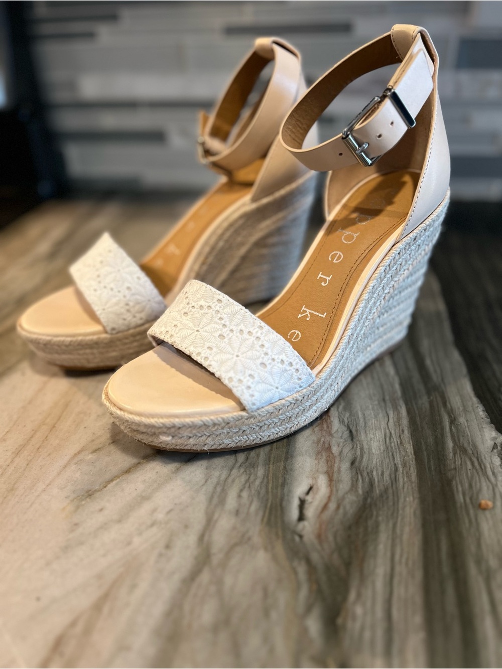 Copper Key Cream and Tan Espadrille Wedge Sandals with Ankle Strap